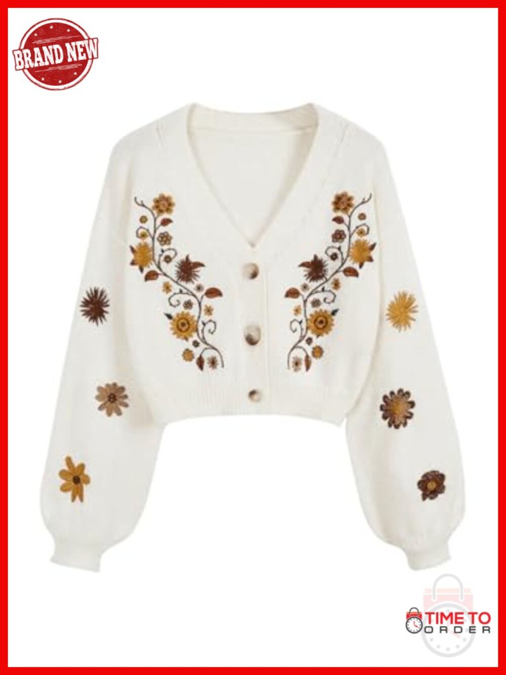 Women's Cropped Cardigan Sweater Floral Boho Embroidery Button Down Knit Top